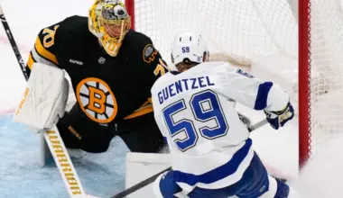 Jake Guentzel and Jonas Korpisalo battle at the net. Boston Bruins vs. Tampa Bay Lightning 10/13/2025