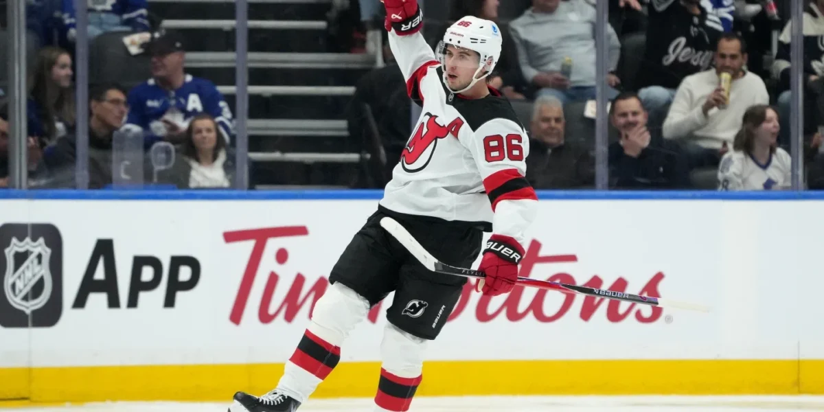 Jack Hughes celebrating a hat trick for the New Jersey Devils on 10/21/2025