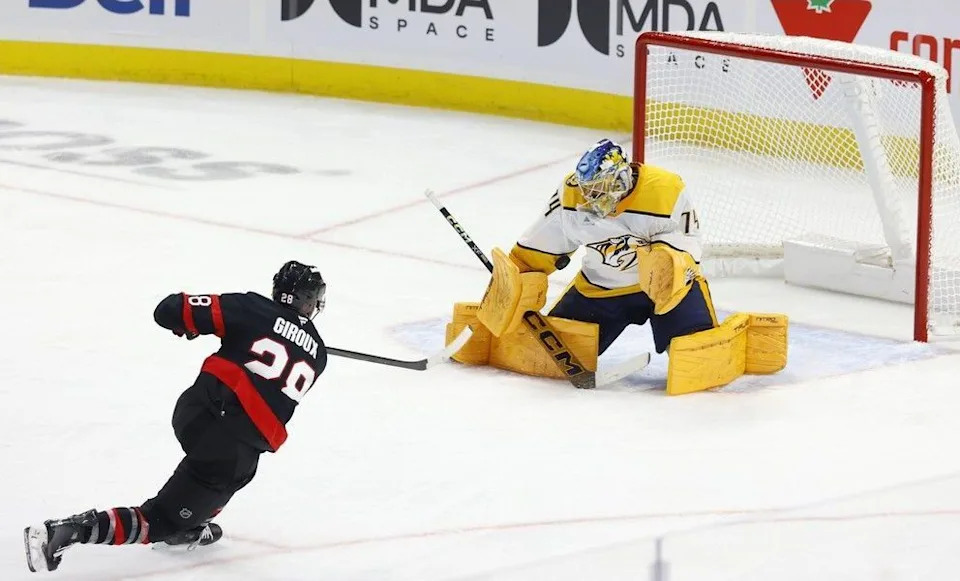  Claude Giroux from the Ottawa Senators trying to score on Nashville Predators goalie Juuse Saros during second period action at the Canadian Tire Centre in Ottawa Monday. Monday was the Ottawa Senators home opener.