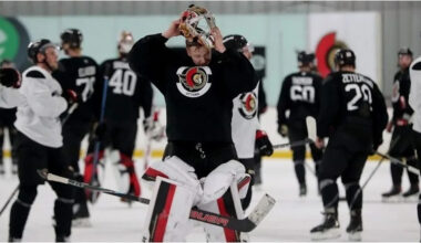 Ottawa Senators backup Leevi Merilainen making a brief stop in Belleville