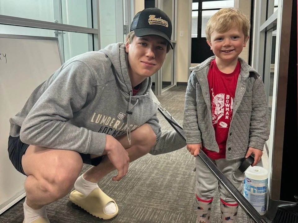  During his days with the Muskegon Lumberjacks of the USHL, Matvei Gridin was ‘like a big brother’ to Bo Burgess, right. Bo’s dad, Parker, was the head coach of the Lumberjacks when Gridin was a standout scorer at that level.