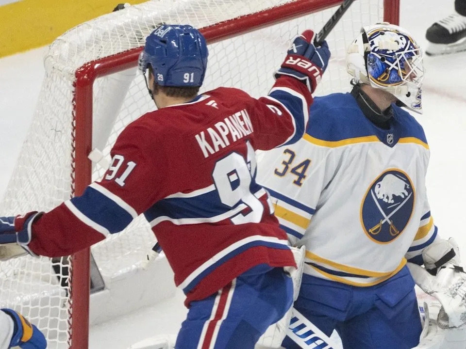  Montreal Canadiens centre Oliver Kapanen celebrates his goal past Buffalo Sabres’ Alex Lyon during first period at the Bell Centre on Monday.