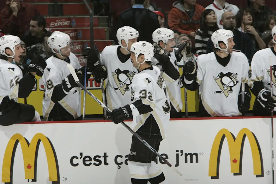 Alain Nasreddine is shown celebrating his only NHL goal, which came against his hometown Montreal Canadiens on Dec. 16, 2006. The goal was assisted by Sidney Crosby and Mark Recchi.