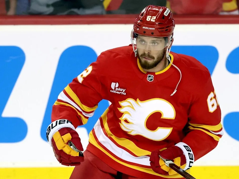  Calgary Flames’ Daniil Miromanov skates during warm up before taking on the Vegas Golden Knights.