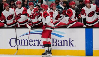 Carolina Hurricanes left wing Eric Robinson (50) celebrates with teammates after scoring a goal during the second period of an NHL hockey game against the San Jose Sharks, Tuesday, Oct. 14, 2025, in San Jose, Calif. (AP Photo/Godofredo A. Vásquez)