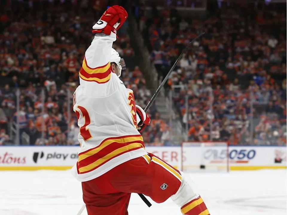  Flames forward Nazem Kadri celebrates his game-winner in the eighth round of the shootout on Wednesday.