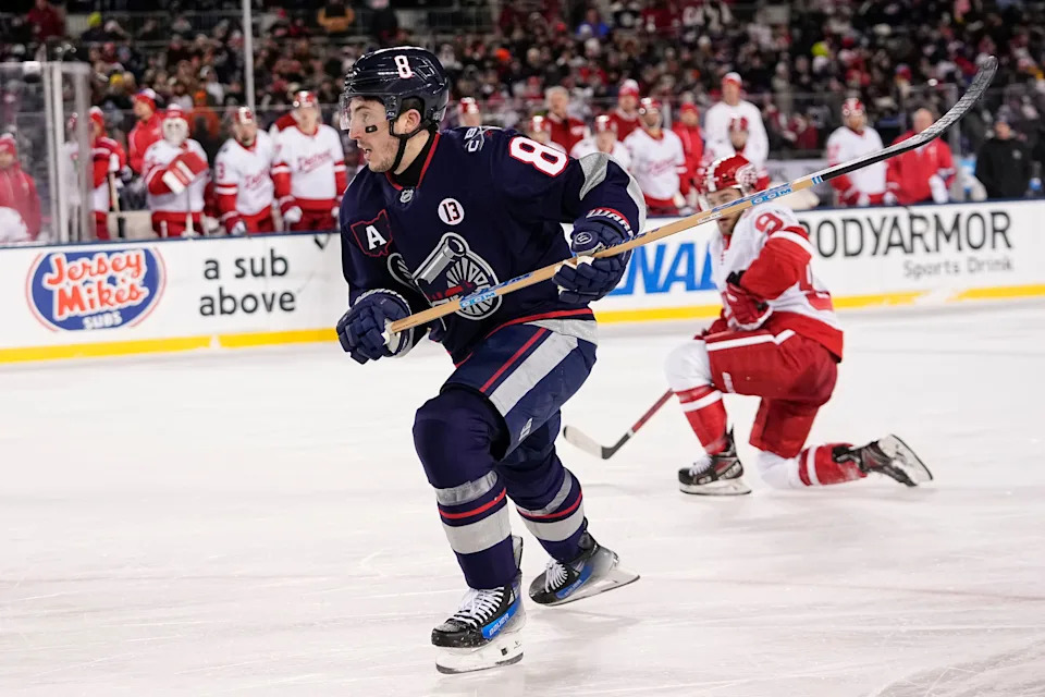 Blue Jackets defenseman Zach Werenski skates up ice during Columbus' 5-3 win over the Red Wings in the teams' NHL Stadium Series game on March 1.