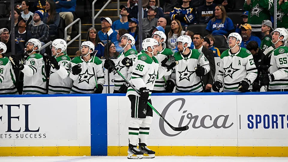 <div>ST. LOUIS, MO - OCTOBER 18: Mikko Rantanen #96 of the Dallas Stars celebrates with teammates after scoring a goal in the third period against the St. Louis Blues on October 18, 2025 at the Enterprise Center in St. Louis, Missouri. (Photo by Connor Hamilton/NHLI via Getty Images)</div>