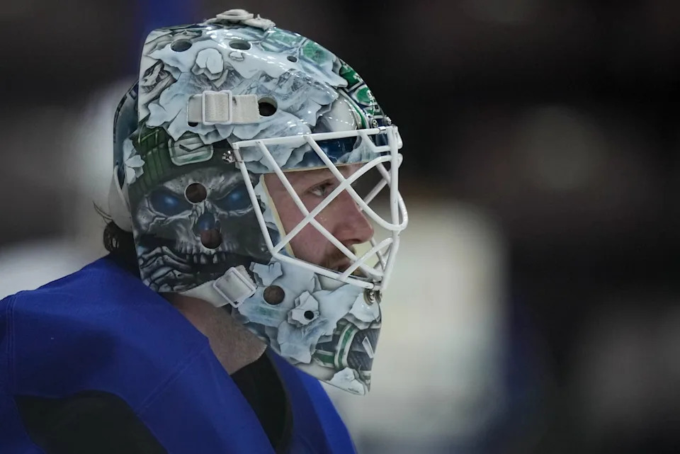 Vancouver Canucks' goalieThatcher Demko looks on during the opening day of the NHL hockey team's training camp, in Penticton, B.C., on Thursday, September 18, 2025.