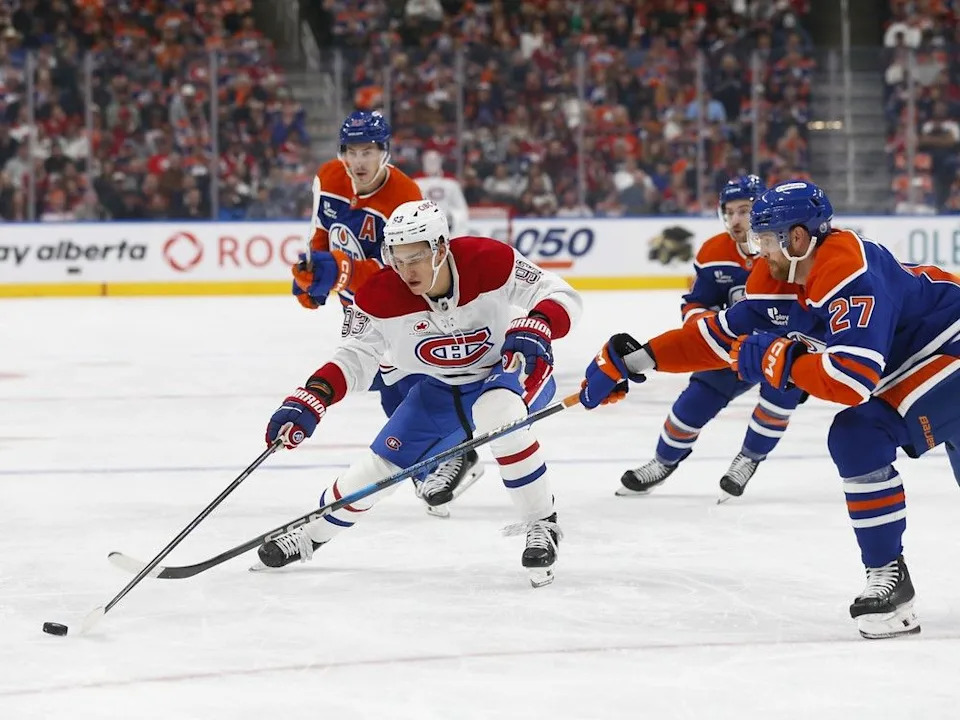  Canadiens winger Ivan Demidov handles puck as Oilers’ Brett Kulak defends during the first period at Rogers Place in Edmonton on Oct. 23.