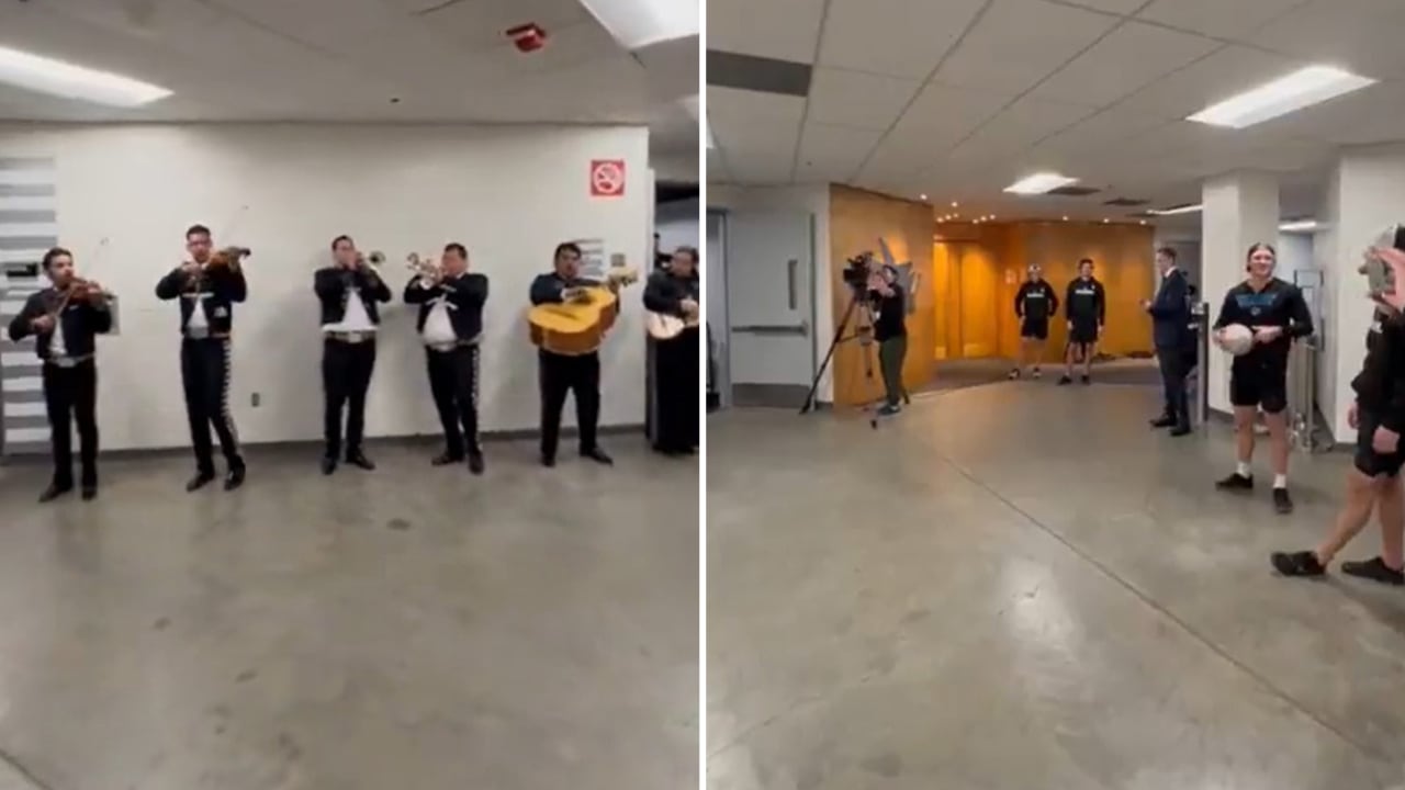 Sharks serenaded by mariachi band during pregame soccer