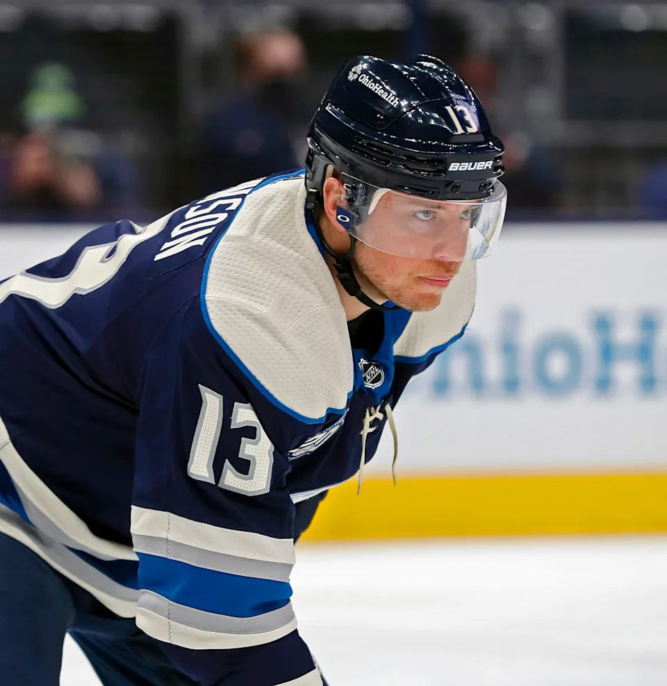 Blue Jackets right wing Cam Atkinson waits for the puck to drop against the Blackhawks on April 12, 2021.