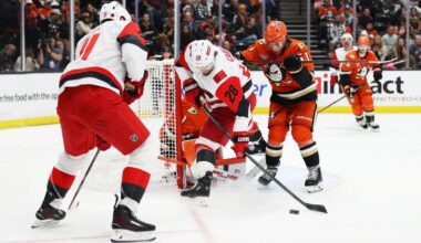 Carolina Hurricanes left wing William Carrier (28) attempts to score against Anaheim Ducks goaltender Lukas Dostal (1) during the second period of an NHL hockey game Thursday, Oct. 16, 2025, in Anaheim, Calif. (AP Photo/Ethan Swope)