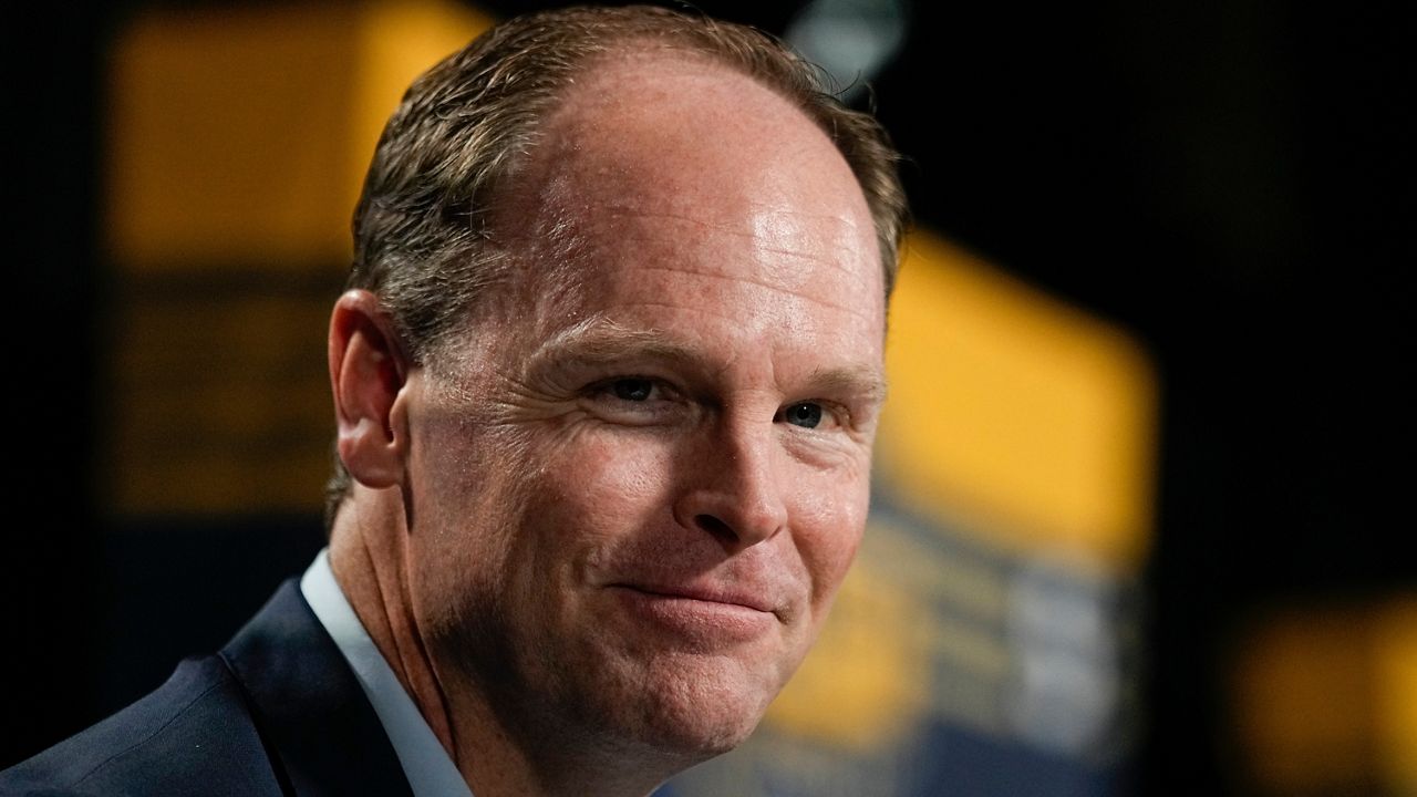 Buffalo Sabres general manager Kevyn Adams resounds to questions after the second day of the NHL hockey draft, June 29, 2023, in Nashville, Tenn. (AP Photo/George Walker IV, File)