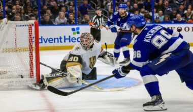 Tampa Bay Lightning's Nikita Kucherov, right, scores against Vegas Golden Knights goaltender Carl Lindbom, left, during the overtime period of an NHL hockey game Sunday, Oct. 26, 2025, in Tampa, Fla. (AP Photo/Mike Carlson)