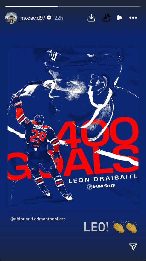 Connor McDavid celebrates Draisaitl’s 400th goal (via: Instagram) Leon Draisaitl’s 400th goal