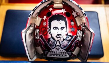 Logan Thompson’s new mask for the Capitals Screaming Eagle third jerseys features Tom Wilson’s massively swollen face on the back plate