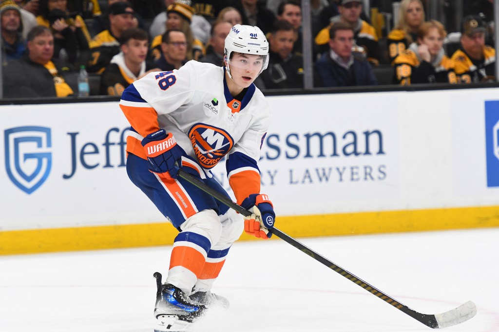Matthew Schaefer #48 of the New York Islanders skates during a game.