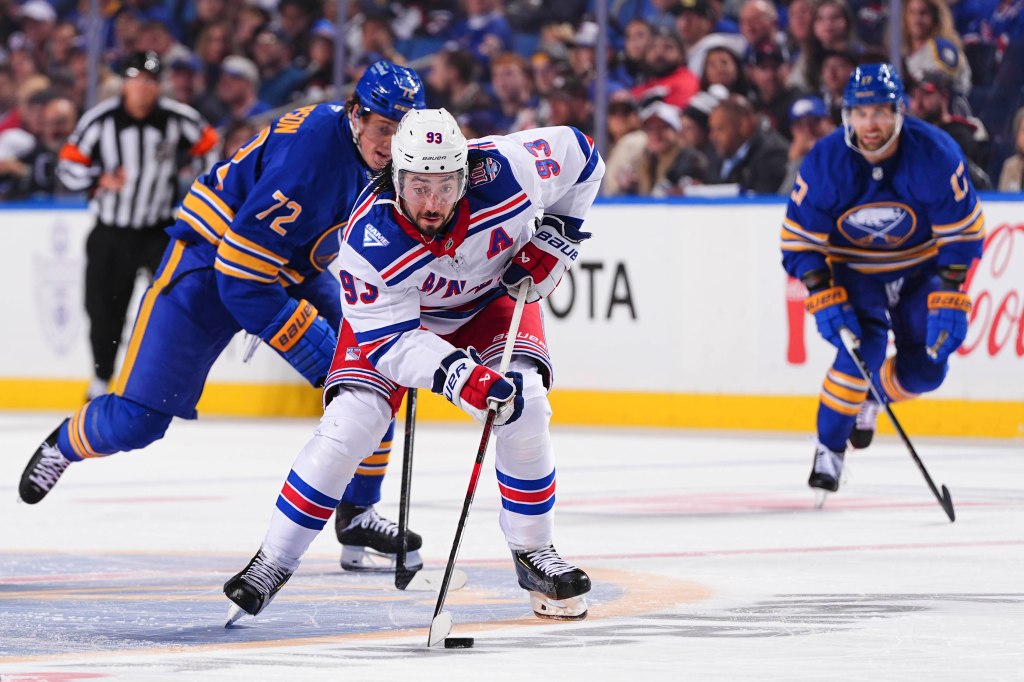 Mika Zibanejad skates with the puck during the Rangers-Sabres game on Oct. 9, 2025. 