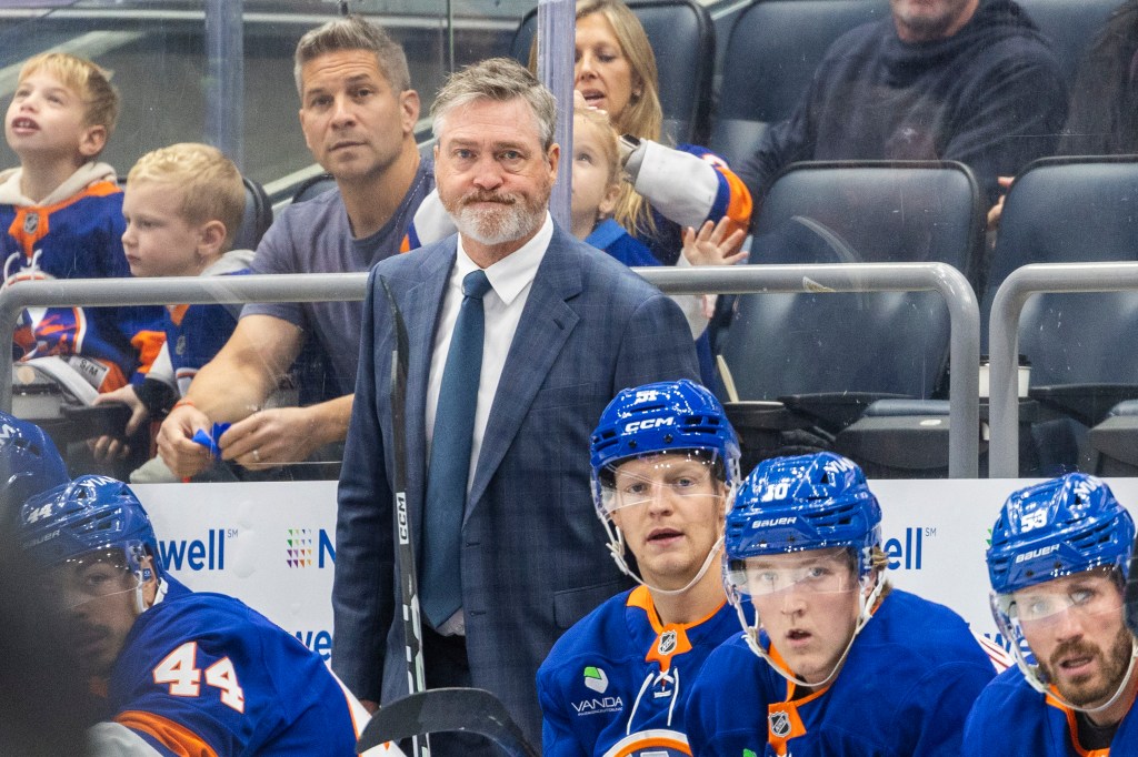 Patrick Roy reacts on the bench during the third period at UBS Arena, Monday, Oct. 13, 2025.