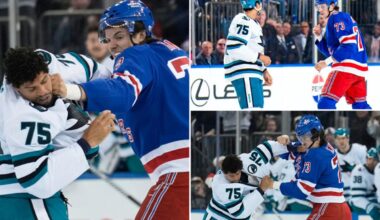 Rangers' Matt Rempe exits after fighting Sharks' Ryan Reaves