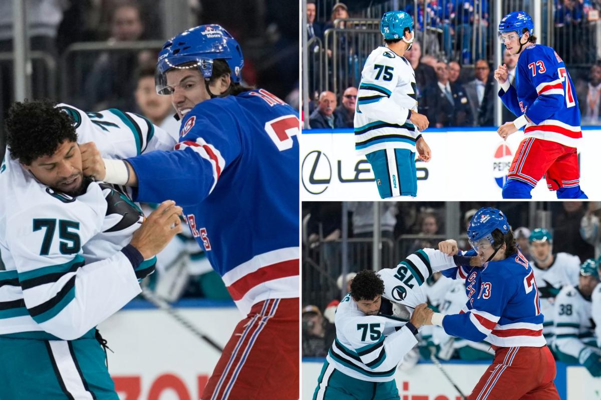 Rangers' Matt Rempe exits after fighting Sharks' Ryan Reaves