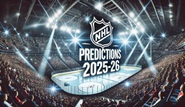 Panoramic view of a brightly lit NHL ice hockey arena filled with cheering fans. The ice rink is centered under dramatic spotlights, and large bold text reading 'NHL Predictions 2025-26' is overlaid prominently across the image, conveying excitement and anticipation for the upcoming season.