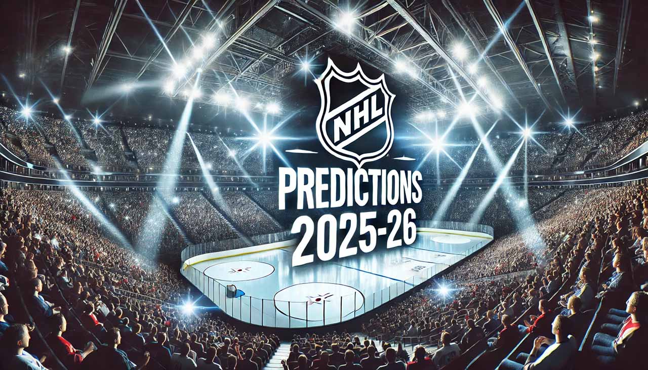 Panoramic view of a brightly lit NHL ice hockey arena filled with cheering fans. The ice rink is centered under dramatic spotlights, and large bold text reading 'NHL Predictions 2025-26' is overlaid prominently across the image, conveying excitement and anticipation for the upcoming season.