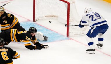 Tampa Bay Lightning right wing Pontus Holmberg (29) pokes the puck into the net, as Boston Bruins goaltender Joonas Korpisalo (70) looks back at the crease, during the second period of an NHL hockey game, Monday, Oct. 13, 2025, in Boston. (AP Photo/Charles Krupa)