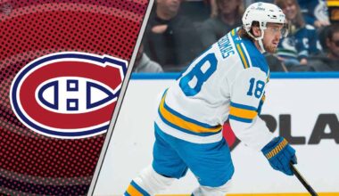 Montreal Canadiens logo on left side of a photo of center Robert Thomas, signifying a potential NHL trade rumor.