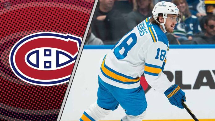Montreal Canadiens logo on left side of a photo of center Robert Thomas, signifying a potential NHL trade rumor.