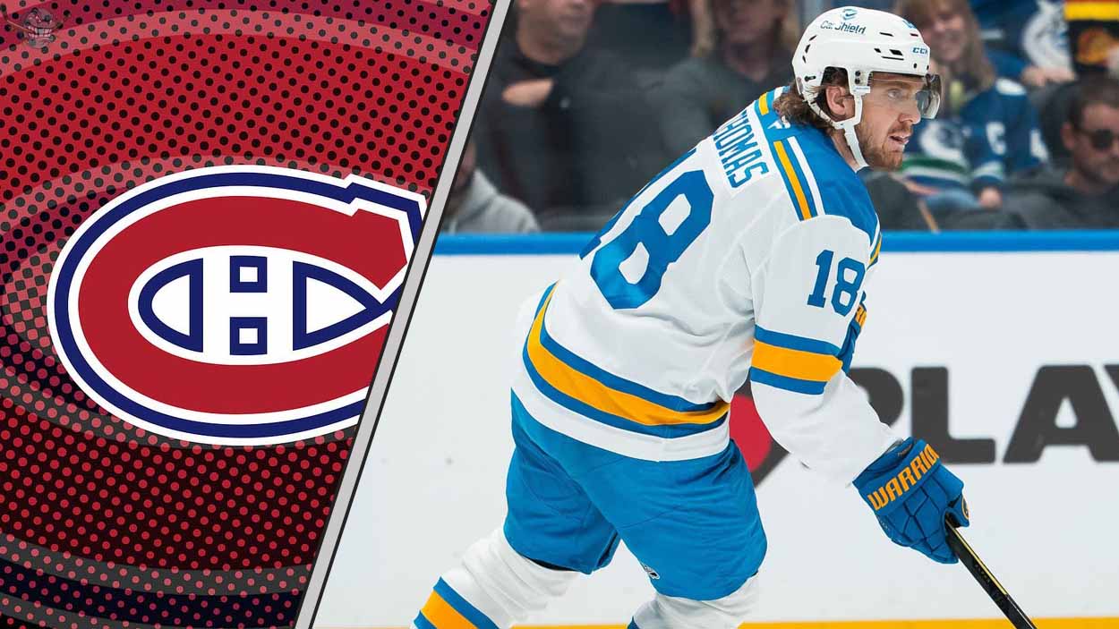 Montreal Canadiens logo on left side of a photo of center Robert Thomas, signifying a potential NHL trade rumor.