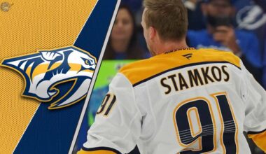 A focused Steven Stamkos skating in his Nashville Predators uniform during a game.