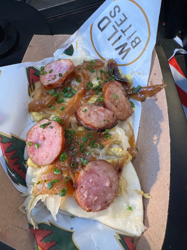 Grand Casino Arena is offering three takes on the classic Eastern European pierogis during Wild games this season. The protein-loaded Kielbasa Novi includes grilled kielbasa, caramelized onions, sour cream, spicy mustard and sauerkraut for $16 (Courtesy of Grand Casino Arena)