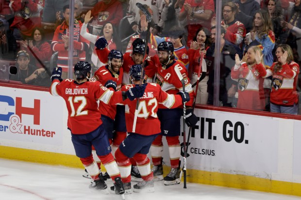 A.J. Greer scores the first goal for the Florida Panthers in their home opener against the Chicago Blackhawks on Tuesday, Oct. 7, 2025 at the Amerant Bank Arena in Sunrise. (Mike Stocker/South Florida Sun Sentinel)