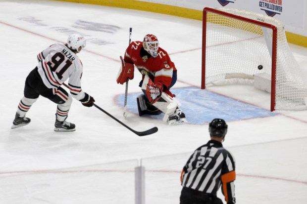 Frank Nazar scores the first goal against Sergei Bobrovsky during...
