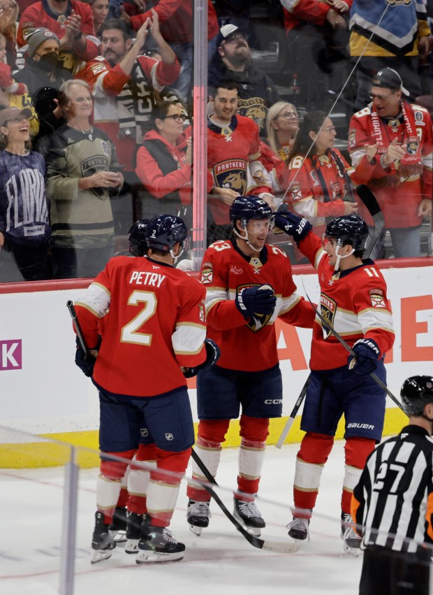 Carter Verhaeghe scores the second goal against Sergei Bobrovsky during...
