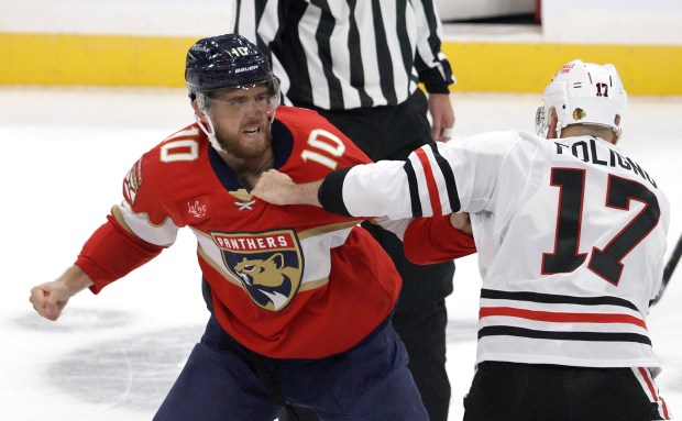 A.J. Greer fights against Nick Foligno during the Florida Panthers...