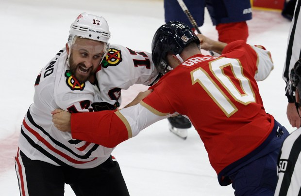 A.J. Greer fights against Nick Foligno during the Florida Panthers...