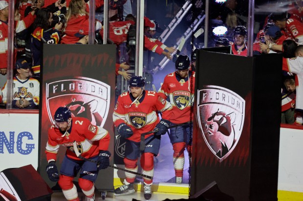 The team takes the ice before the start of the...