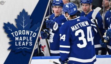 Auston Matthews celebrating a goal as he wonders what next moves the Toronto Maple Leafs will make?