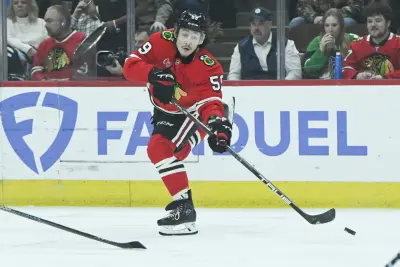 Dec 29, 2024; Chicago, Illinois, USA; Chicago Blackhawks left wing Tyler Bertuzzi (59) moves the puck against the Dallas Stars during the first period at United Center. Mandatory Credit: Matt Marton-Imagn Images