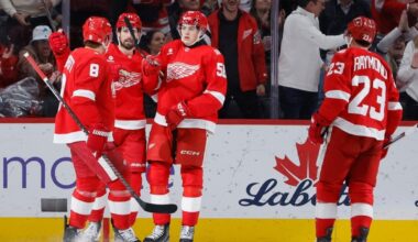 Edvinsson scores two goals as Red Wings erase four-goal deficit, beat Blues 6-4