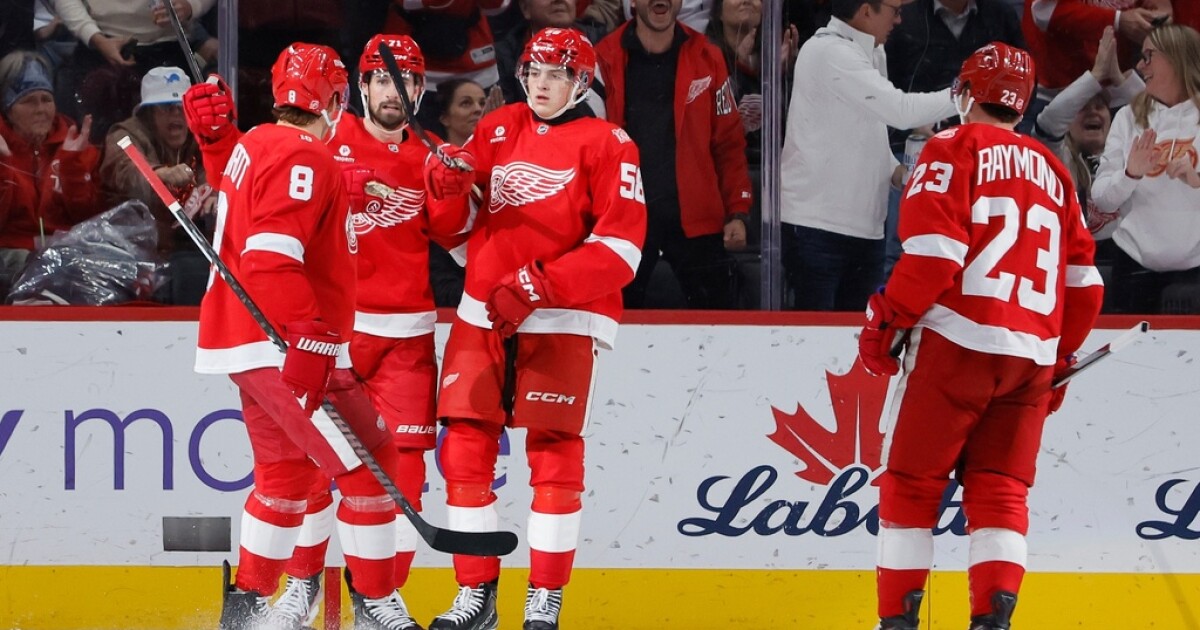 Edvinsson scores two goals as Red Wings erase four-goal deficit, beat Blues 6-4