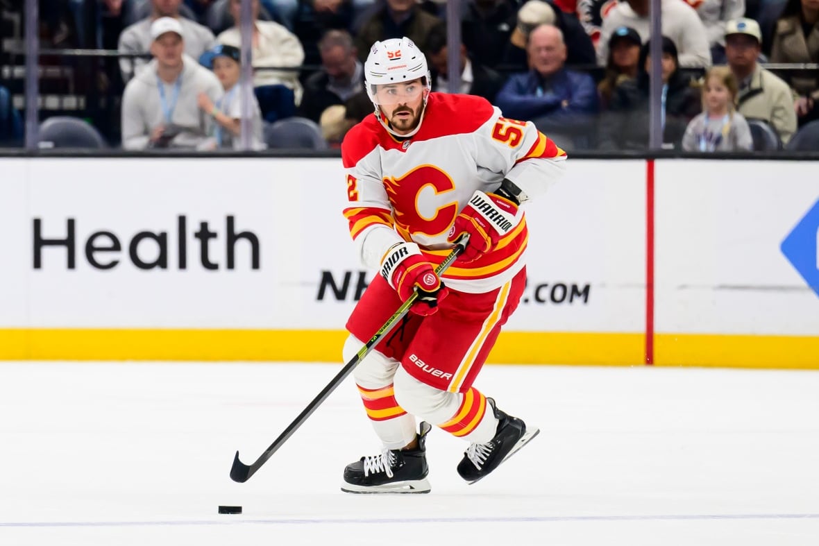 a pro hockey player mid turn on the ice wearing a red and white uniform with a big red C on his shirt