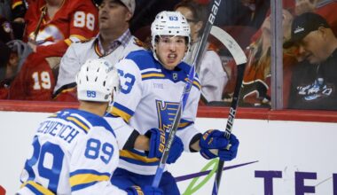 Jake Neighbours scores twice as Blues beat Flames 4-2
