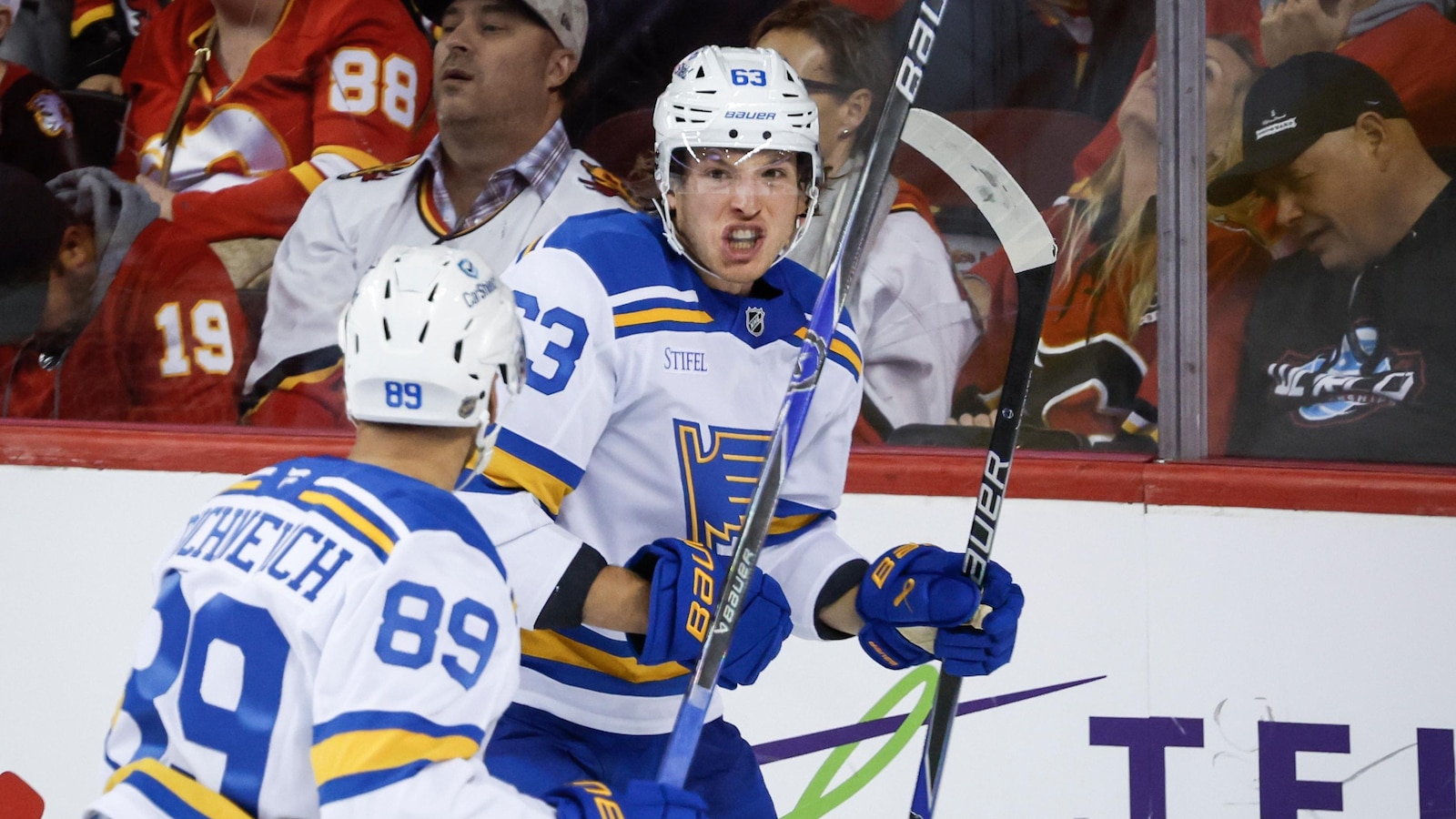 Jake Neighbours scores twice as Blues beat Flames 4-2