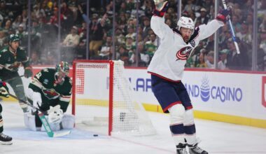 Marchenko's hat trick and Merzlikins' 48 saves help Blue Jackets spoil Wild home opener with 7-4 win