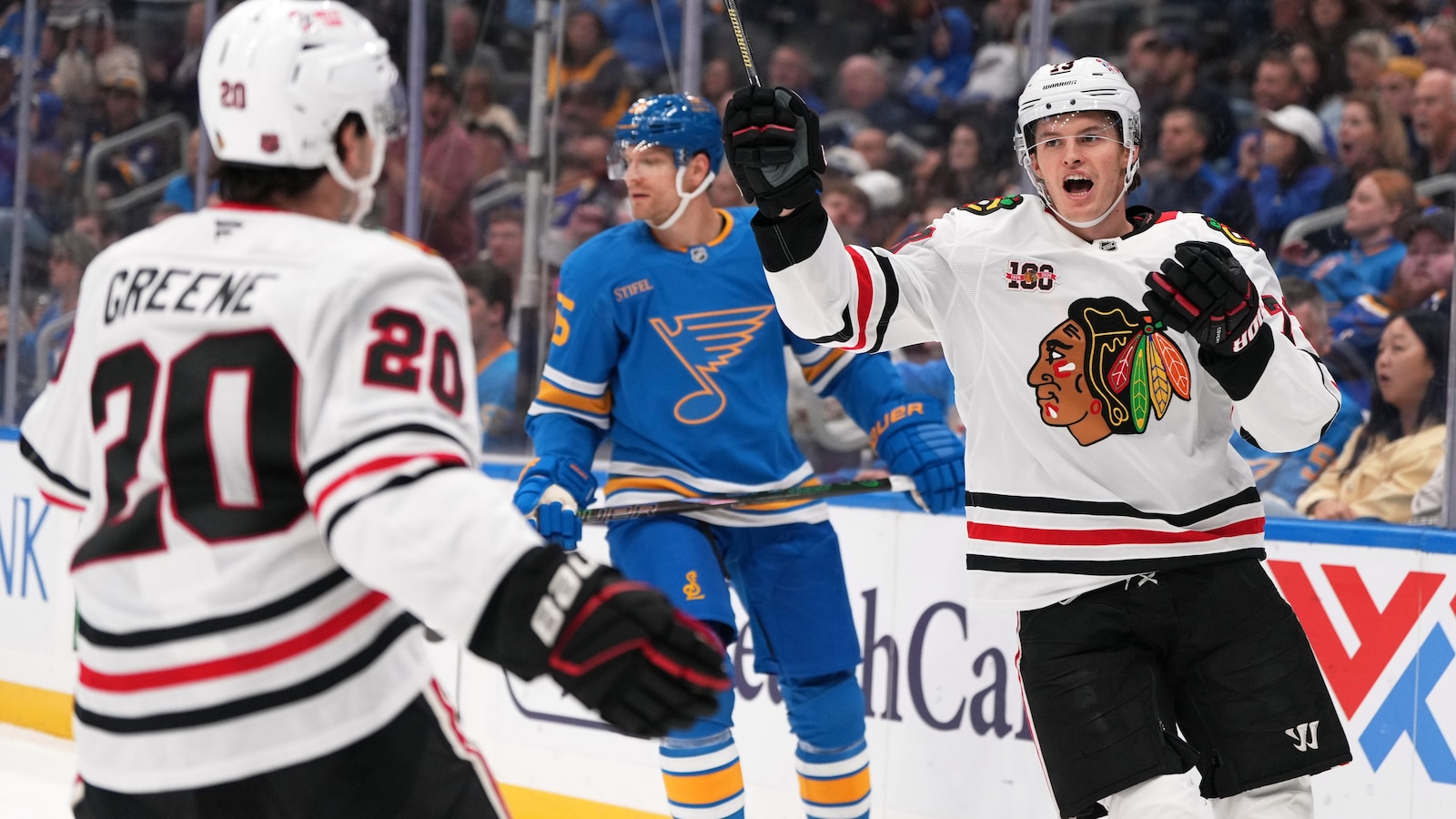 Reichel scores twice as the Blackhawks beat the Blues 8-3 while playing without Foligno
