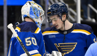 Nov 3, 2025; St. Louis, Missouri, USA; St. Louis Blues right wing Dalibor Dvorsky (54) celebrates with goaltender Jordan Binnington (50) after the Blues defeated the Edmonton Oilers at Enterprise Center. Mandatory Credit: Jeff Curry-Imagn Images